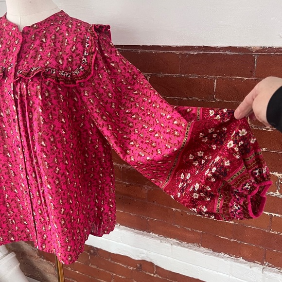 Joie Floral Peasant Blouse Fuchsia Ruffled Button Down Prairie Shirt Deep Pink - Picture 9 of 15